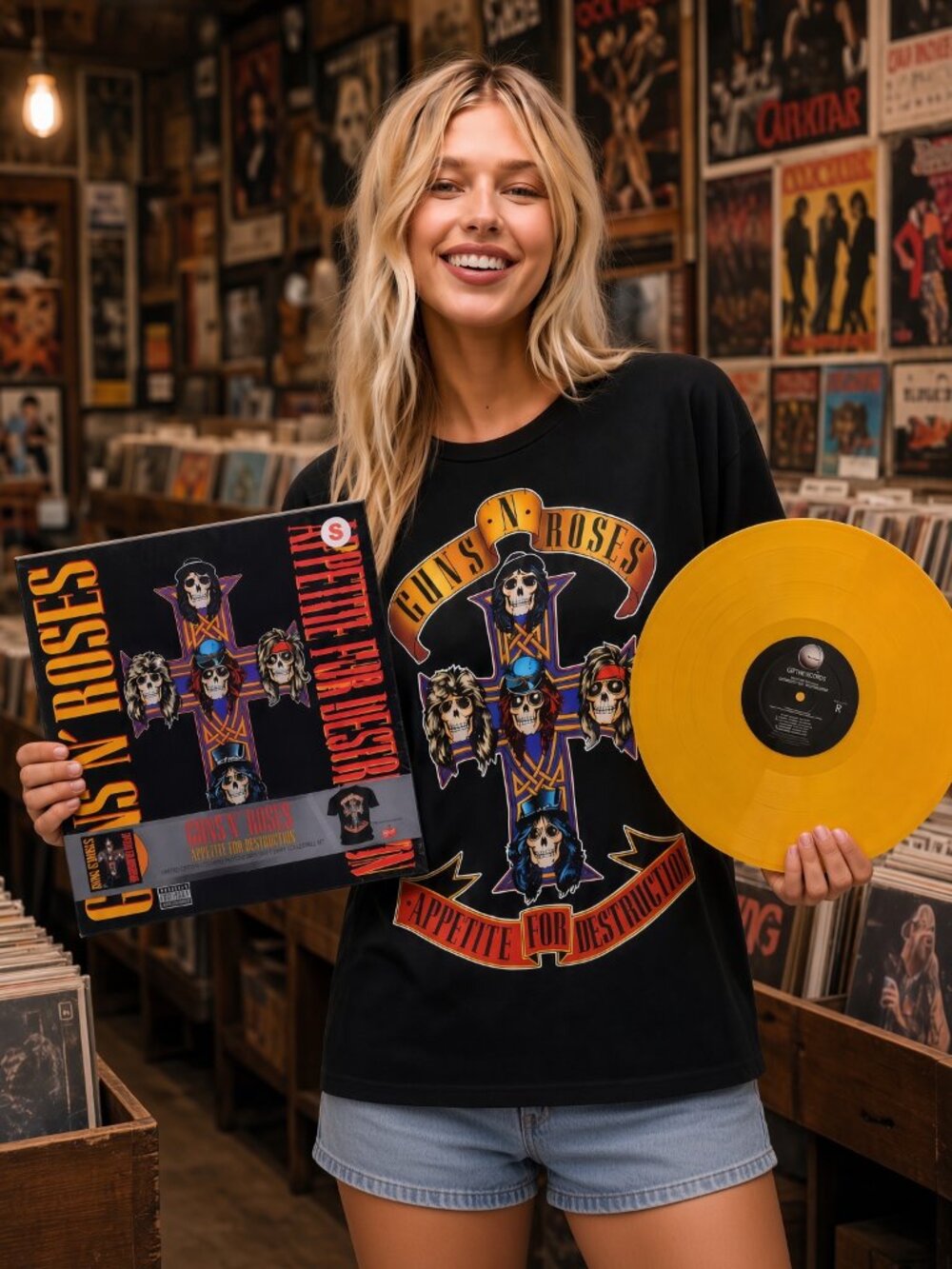 Guns N Roses 2009 Appetite For Destruction Yellow LP T-Shirt Box Set Men's Large